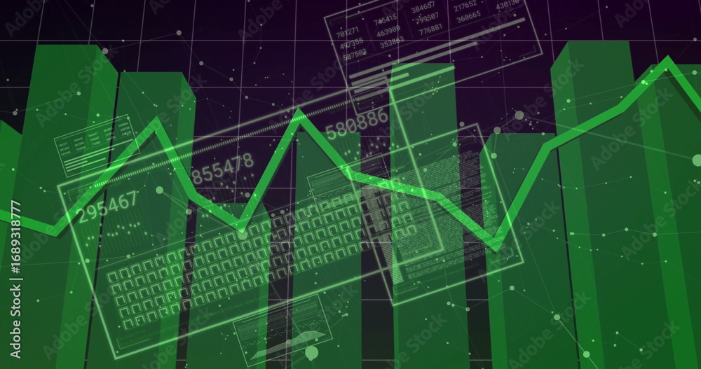 Fototapeta premium Showing data bars and zigzag line graph over dark grid with keyboard overlay in analytics dashboard