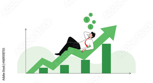 Businessman relaxing on green arrow chart dreaming about money growth