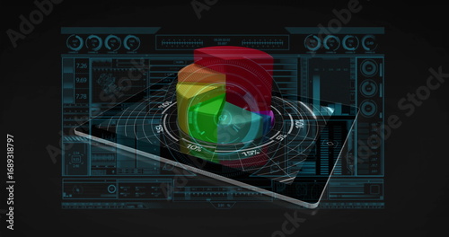 Displaying tablet projecting segmented 3D pie chart in dark tech space with gridlines and dashboard