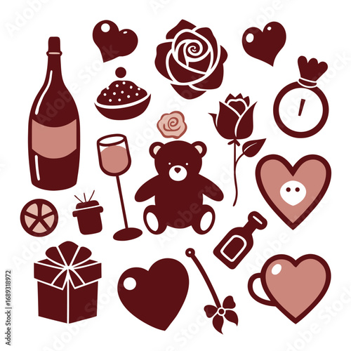 Valentine's Day Icons with Teddy Bear Rose Bottle and Hearts in Pink Brown Keywords: valentine's day