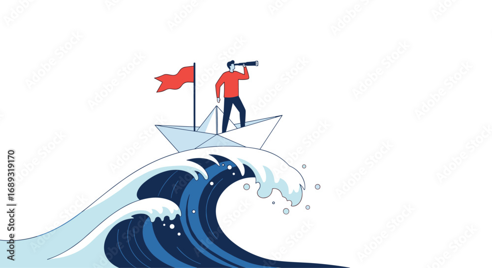 Fototapeta premium Man standing in small boat looking through telescope on large wave