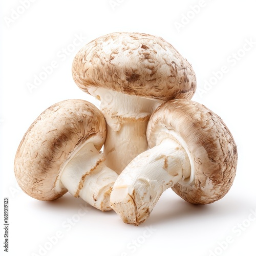Three fresh, raw cremini mushrooms beautifully arranged against a seamless backdrop. Their earthy tones and pristine condition make them a perfect subject for food-related projects