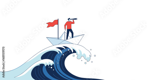 Man standing in small boat looking through telescope on large wave