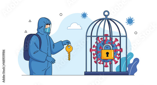 Person in protective suit offers key to unlock virus symbol inside cage showing end of pandemic