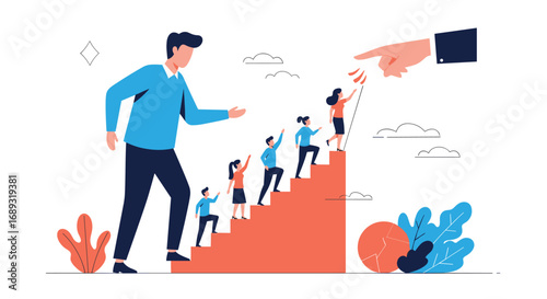 Teamwork and leadership guiding people up the stairs towards success and growth
