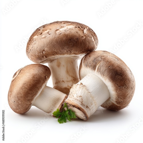 Three fresh, edible brown mushrooms are artfully arranged. With their caps and stems visible, these fungi rest on a surface, with a touch of parsley