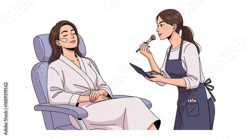 Professional makeup artist applying cosmetics to a relaxed woman sitting in a comfortable chair