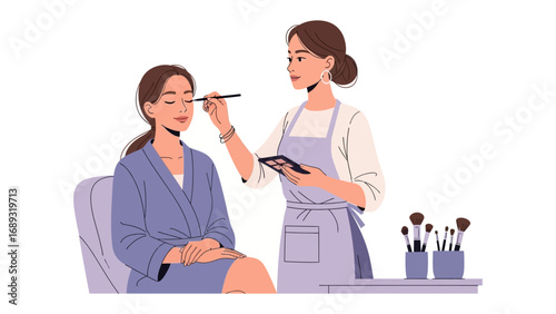 Professional makeup artist applying eyeshadow to a seated client in a salon setting with tools visible