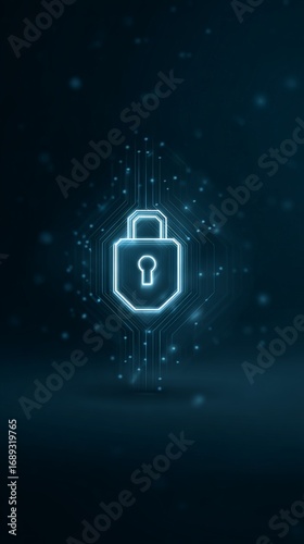 Futuristic glowing padlock icon represents cybersecurity and data protection in abstract cyberspace, highlighting encryption and network security in digital age