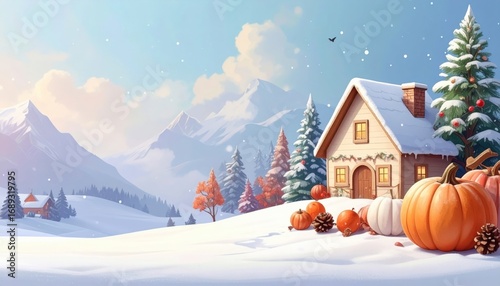 A charming winter wonderland scene with a cozy cabin, snow-covered landscape, pumpkins, and a Christmas tree, evoking warmth and the beauty of the season.
