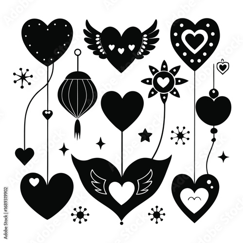 Black Silhouette Hearts and Decorative Elements on White Background love valentine