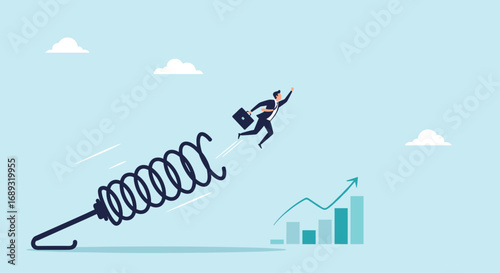 Business man launched by a spring to achieve financial success with growth chart illustration