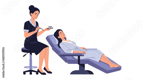 Professional beautician meticulously applying makeup to a client reclining in a comfortable salon chair