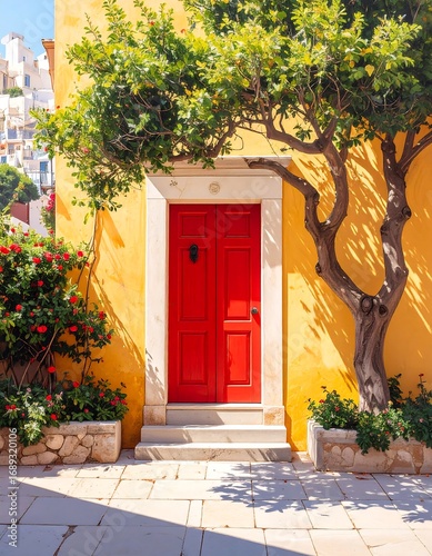 Sunny yellow house with red door