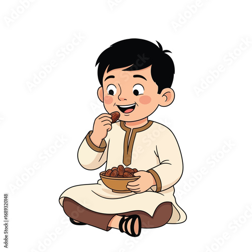A charming cartoon illustration of a young boy in traditional ethnic attire, happily sitting and eating sweet dates from a bowl, symbolizing a cultural moment