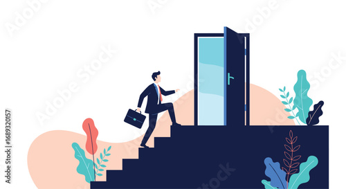 Businessman climbing stairs towards an open door symbolizing new opportunities and career growth
