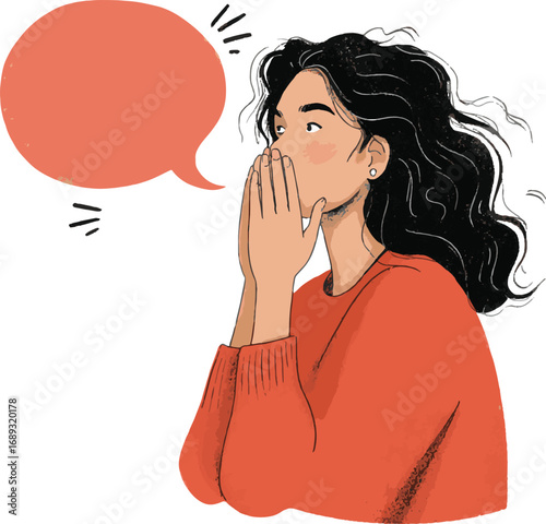 Vector art of woman whispering a secret with a speech bubble
