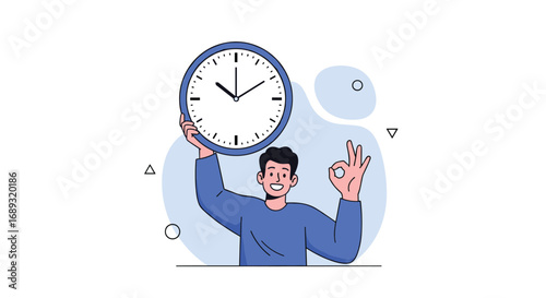 Concept of time management a man holds a clock and shows ok sign