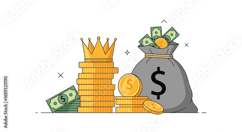 Illustrating wealth and financial prosperity with abundant gold coins money bags and paper currency