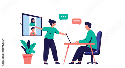 Business professionals collaborate digitally with remote team members during video conference