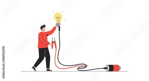 Person holding a light bulb connected to a battery illustrating an idea
