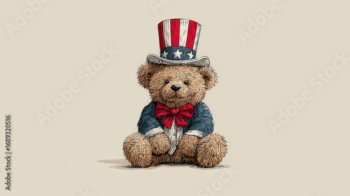 Patriotic Teddy Bear Illustration with American Flag Hat and Red Bowtie Symbolizing Nostalgic Americana