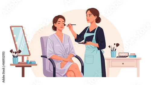 Professional makeup artist applying foundation to a woman sitting in a chair with a mirror nearby