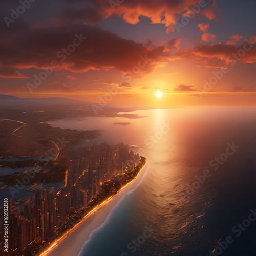 Golden Horizons: A Vibrant Sunset Over a Coastal City