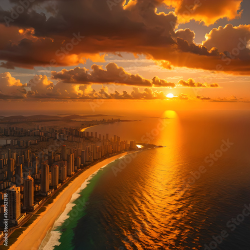 City Sunset Over the Ocean: A Coastal Metropolis Awakens