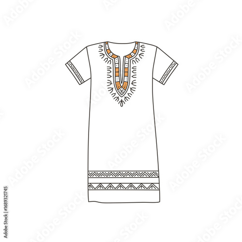 White Tunic with Orange Geometric Embroidery