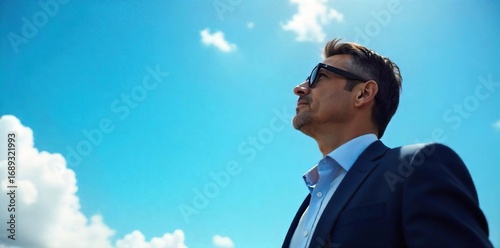Confident CEO looking up at a bright blue sky, symbolizing ambition and innovative thinking A perfect image for business, leadership, and success concepts , outlook, innovation, goal