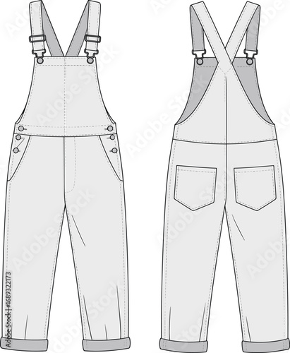 Stylish denim overalls fashion cad drawing, vector technical flat sketch with detailed front and back view, ideal for designers.