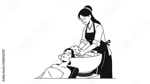 A stylized black and white illustration depicting a hairdresser washing a client s hair in a salon setting