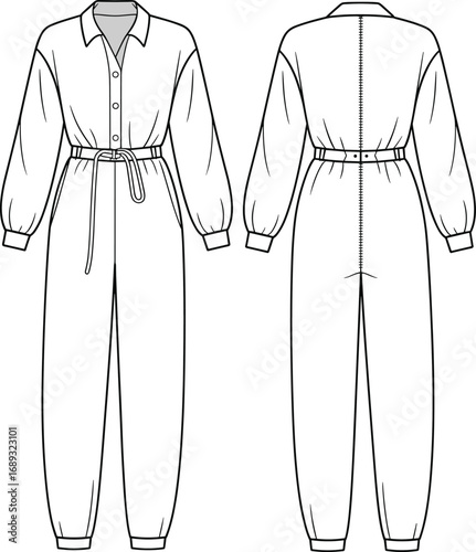Stylish long sleeve jumpsuit technical sketch, full length fashion flat vector for apparel design, clothing blueprint, cad drawing template