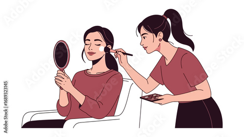 A skilled makeup artist applies foundation to a woman s face while she holds a mirror for reference