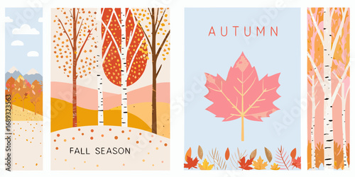 Vibrant abstract autumn scenes with birch trees falling leaves and mountain landscapes in warm color palettes