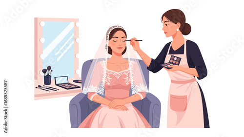 Professional makeup artist applying elegant makeup to a bride in a salon setting with mirror and tools