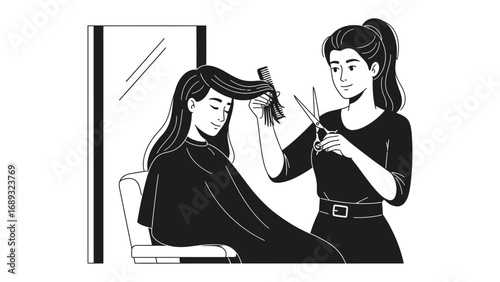 Stylist meticulously cuts client s long dark hair with scissors and comb in a salon setting