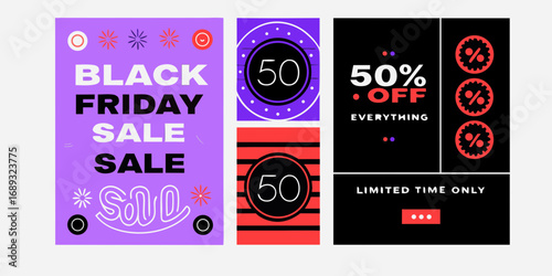 Modern black friday sale announcement with fifty percent off deals and limited time offer