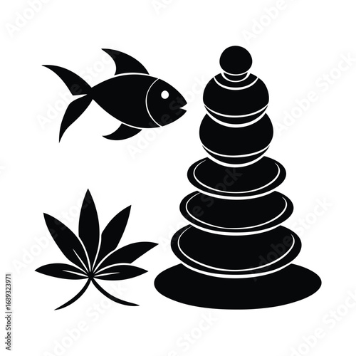 Zen balance concept with stacked stones, swimming fish, and herbal leaf silhouette vector set