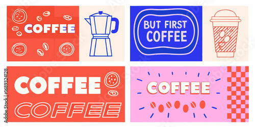 Collection of stylized coffee related illustrations and typography in bold colors