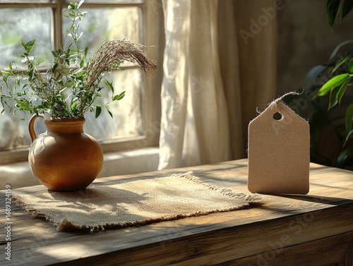 Still life with rustic tag, vase and cloth on a wooden table near window. Use this image to promote natural, organic products or services.