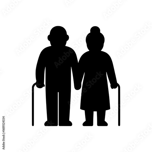 Simple black silhouette icon of a senior couple holding hands with canes