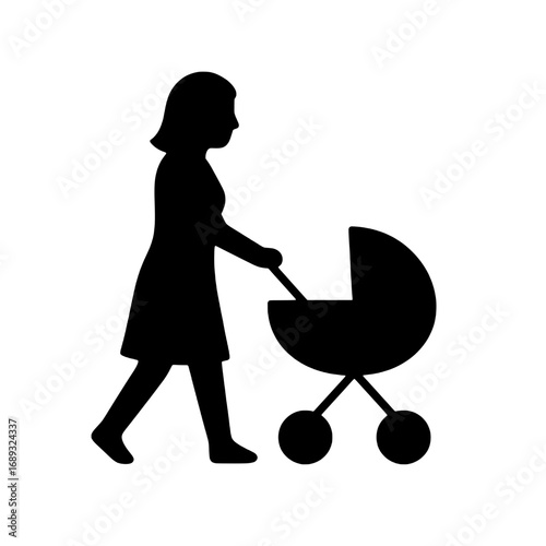Simple black silhouette icon of a mother pushing a baby stroller, representing motherhood and childcare
