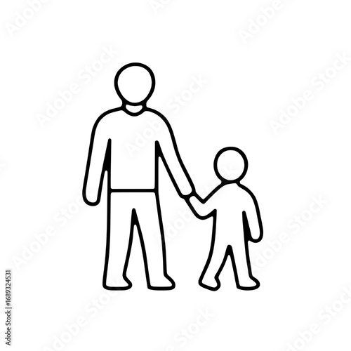 Simple line art icon depicting an adult holding a child's hand, symbolizing family, parental guidance, and care; a clean graphic for various concepts