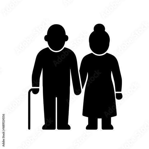 Senior couple holding hands solid glyph icon, elderly man with a cane and woman pictogram