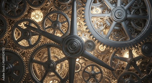 Close-up view of intricate gears and cogs, showcasing a complex mechanical system.