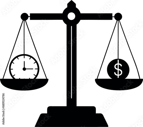 A balanced scale features a clock and a dollar sign silhouette icon