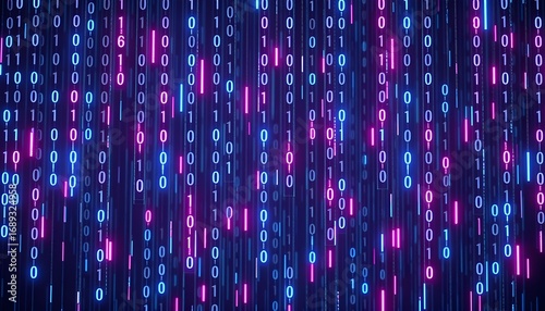 Obraz na płótnie Binary code background with blue and pink neon lights.