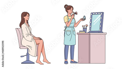 Professional makeup artist applying cosmetics to a seated client in a salon setting